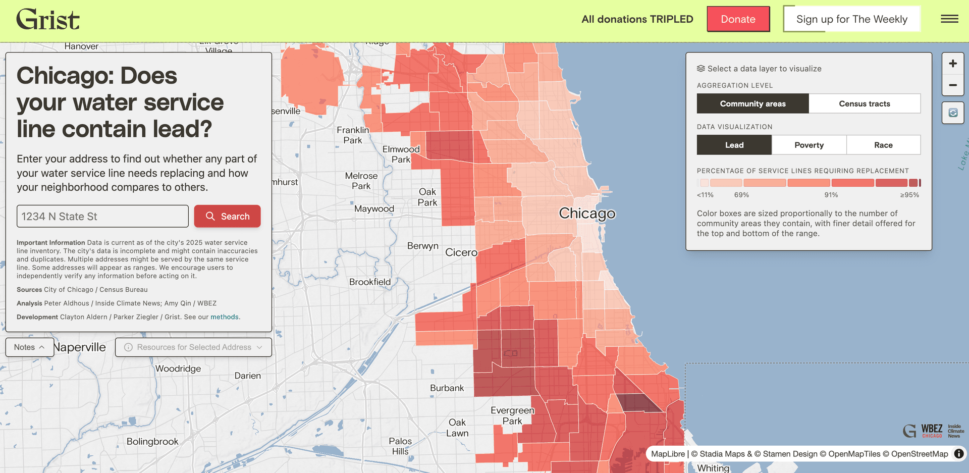 An interactive map of Chicago showing areas with lead pipes